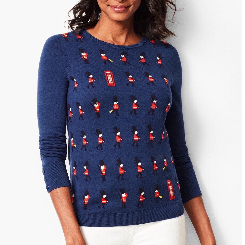Talbots Woman Petites London Palace Guard Phone Booth Crewneck Sweater 2XP Blue